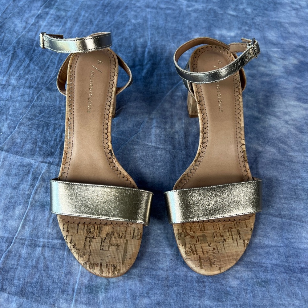 Anthropologie Gold Metallic Cork Heel Sandals - Ankle Strap Dress Shoes - Sz 7.5